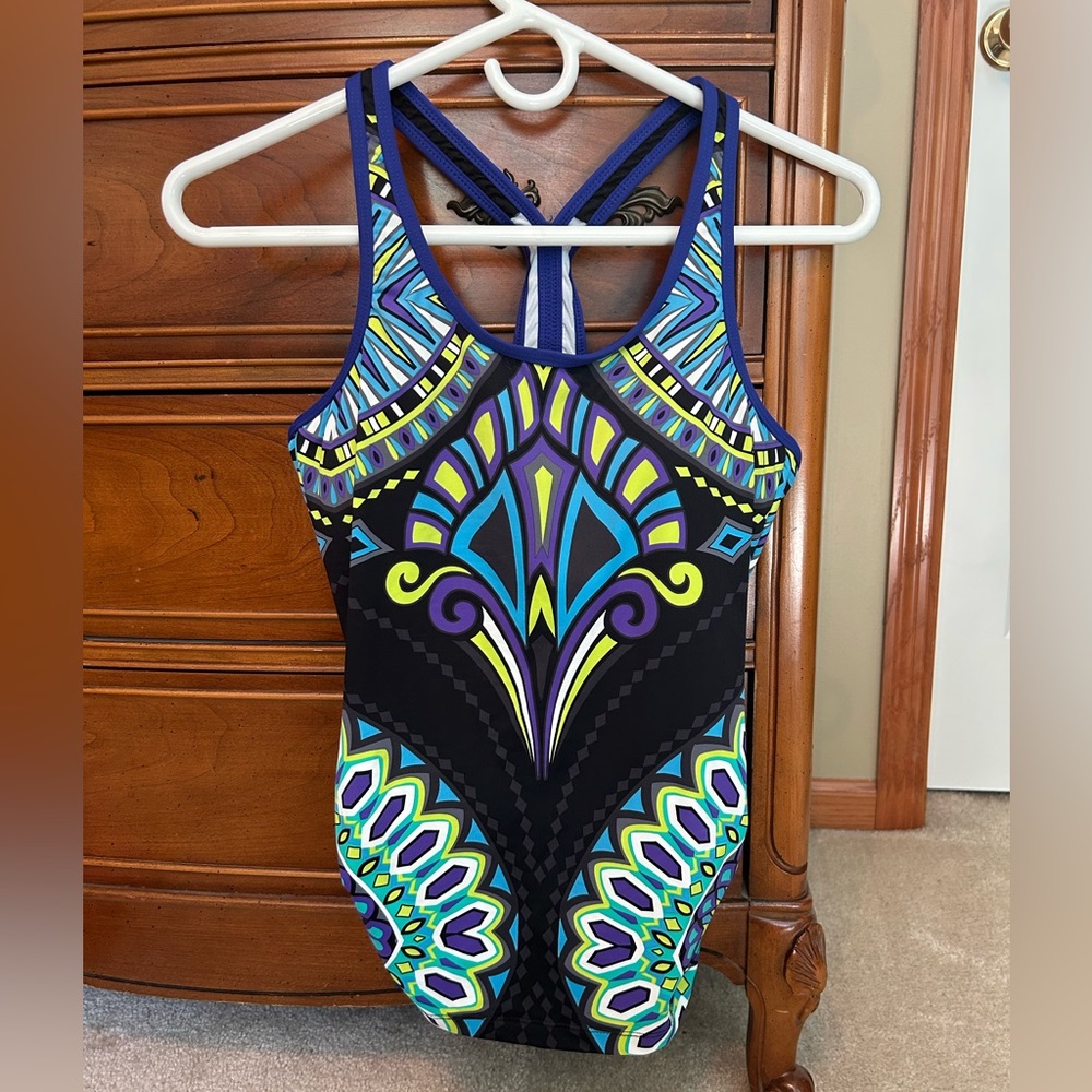 ATHLETA TANKINI size small racerback swimsuit multicolored ties on each side